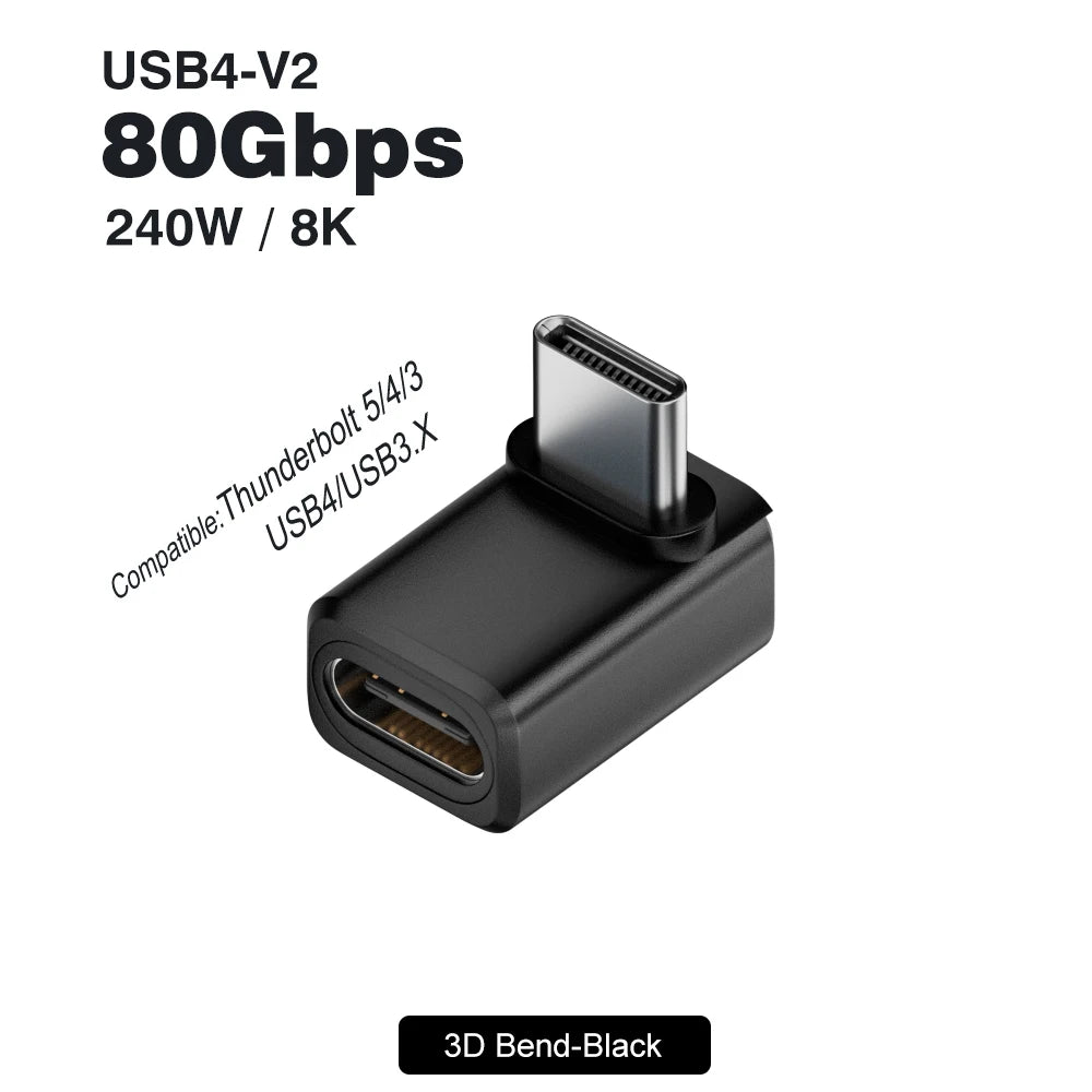 USB4 V2 90 Degree Type C Angle Adapter 80Gbps Thunderbolt 5 4 3 Elbow Adapter 240W USB close-up view