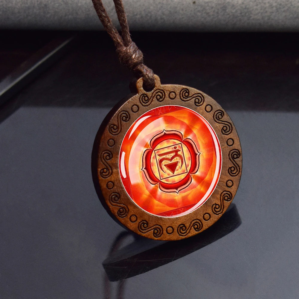 7Chakra Symbol Necklace Yoga Meditation Glass Dome Vintage Wooden Pendant Rope Chains lifestyle view