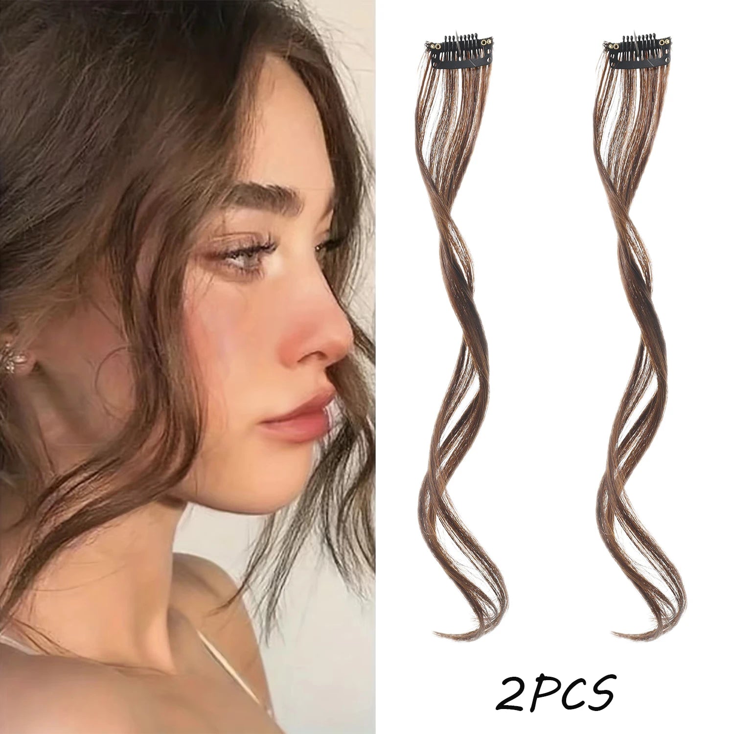 2PC Curly Bangs Clip-On Hair Extensions | Wavy Side Fringe with Invisible Clips detail view