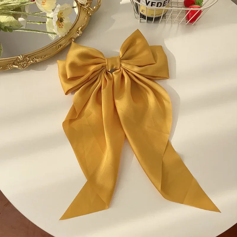 Korean Accessories Hair Clips for Women Girls Big Bowknot Solid Satin Long Ribbon Bow alternate view