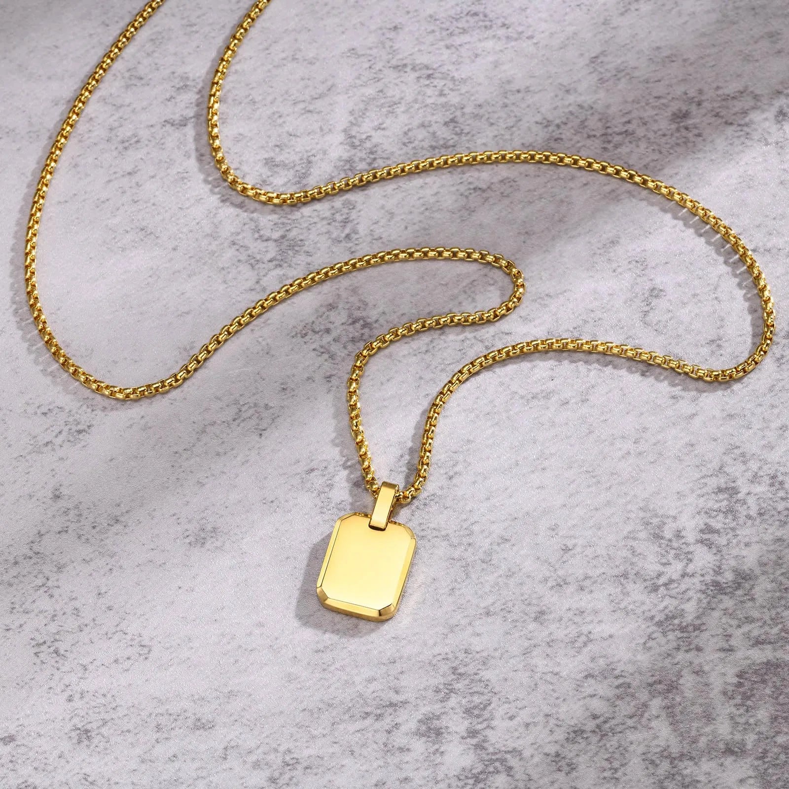 Engrave Square Necklace Personalized Tag ID Pendant, Stainless Steel Gold Plated Jewel close-up view