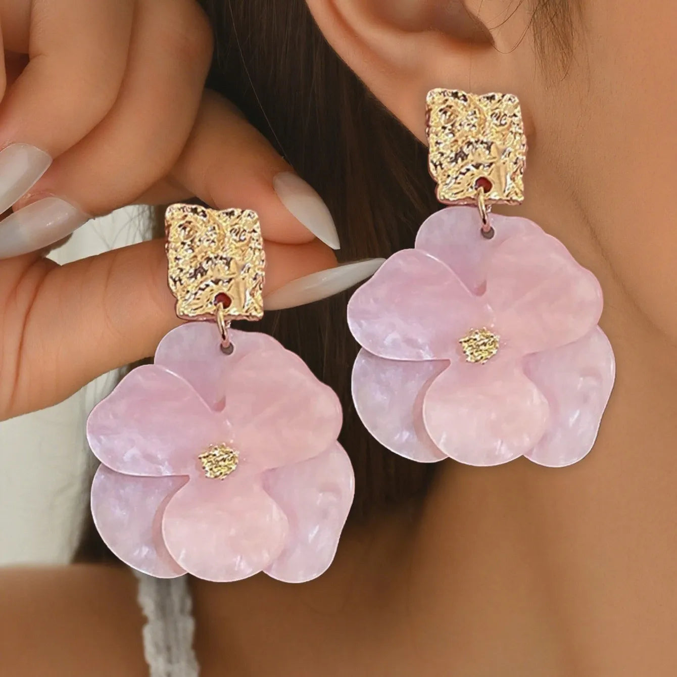 Elegant and Fashionable Three-Dimensional Acetate Acrylic Double-Layer Flower Splicing Earrings, Sup