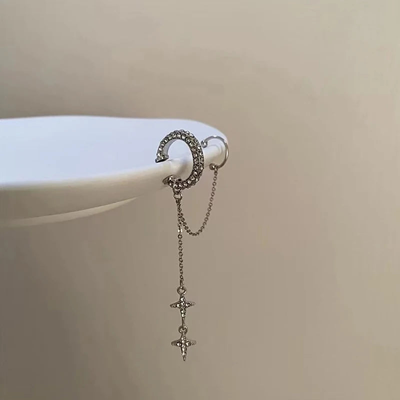 Shiny Silver Color Crystal Tassel Non-Piercing Cuff Ear Clip Earring For Women Rhines lifestyle view