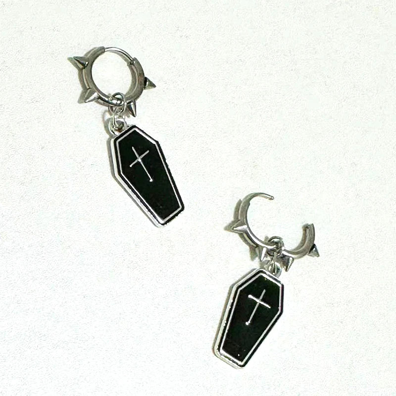 Gothic Coffin Cross Hoop Earrings | Punk Grunge Jewelry for Women detail view