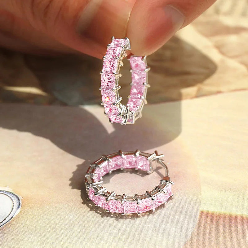Huitan Princess Square Cubic Zirconia Hoop Earrings Luxury Trendy Ear Circle Earrings fo detail view