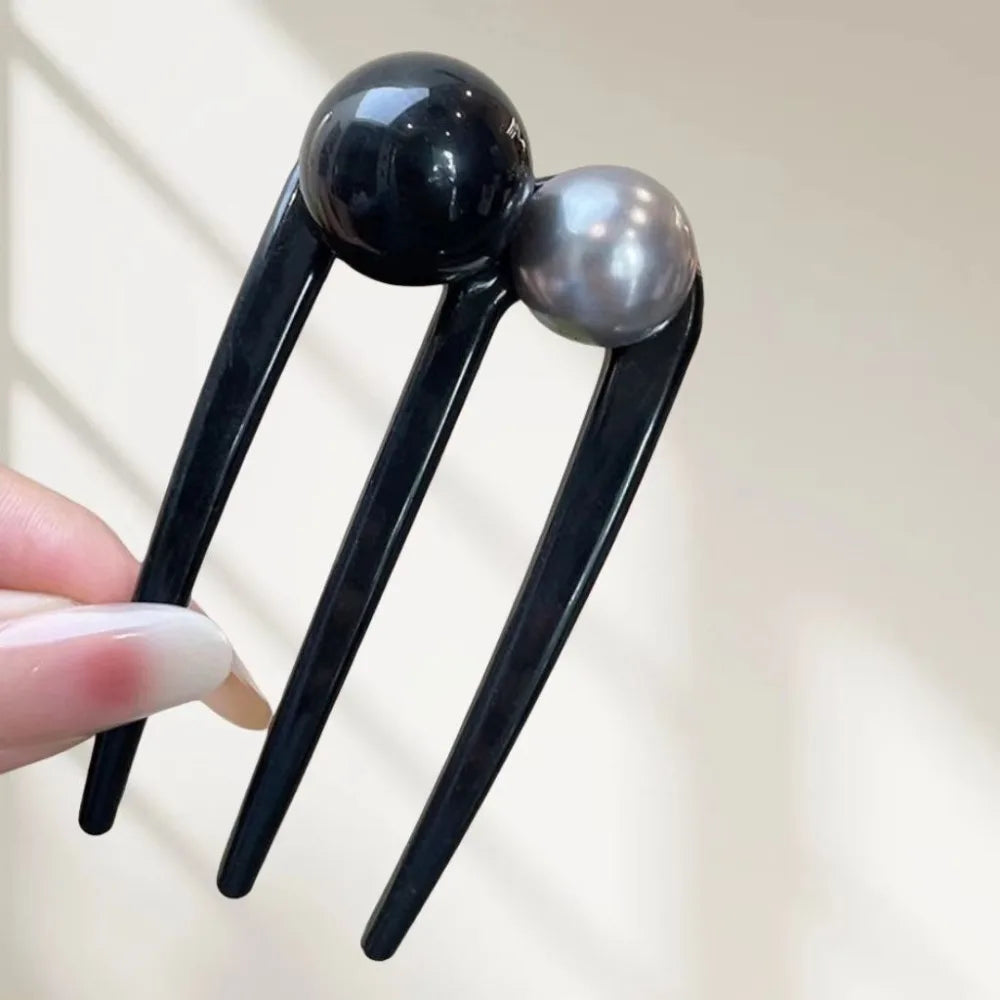 U-Shaped Hairpins French Twist Pearl Beads Hair Stick Hair Clip Acetate Vintage Tortoise Shell Women Hair Bun Pins Headwear Blac