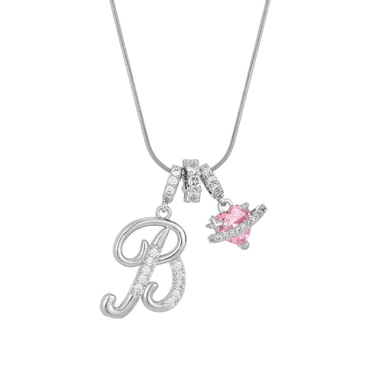 Fashion Letter Necklace for Women Pink Zircon Heart-shaped Pendant Suitable for Gir additional angle