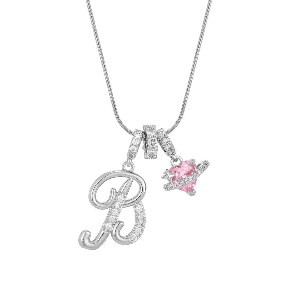 Fashion Letter Necklace for Women Pink Zircon Heart-shaped Pendant Suitable for Gir additional angle