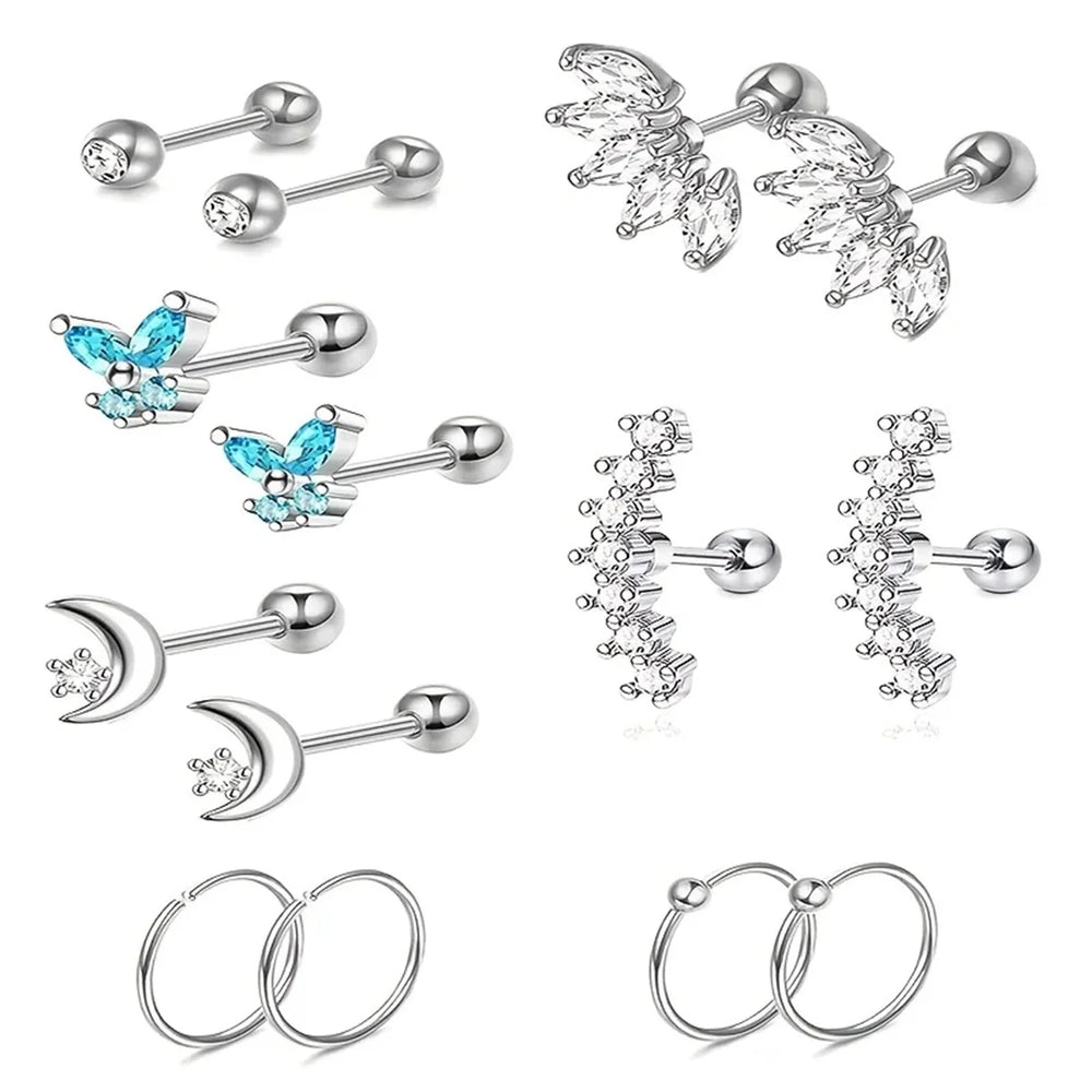 EVISPOL 2-14 Pcs Butterfly Moon Stainless Steel Stud Earrings, Hypoallergenic Hoop Earrings Tragus D