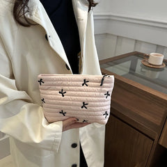 Cute Makeup Bag with Zipper Large Capacity Cosmetic Bag Embroidery Bow Wash Storage B alternate view