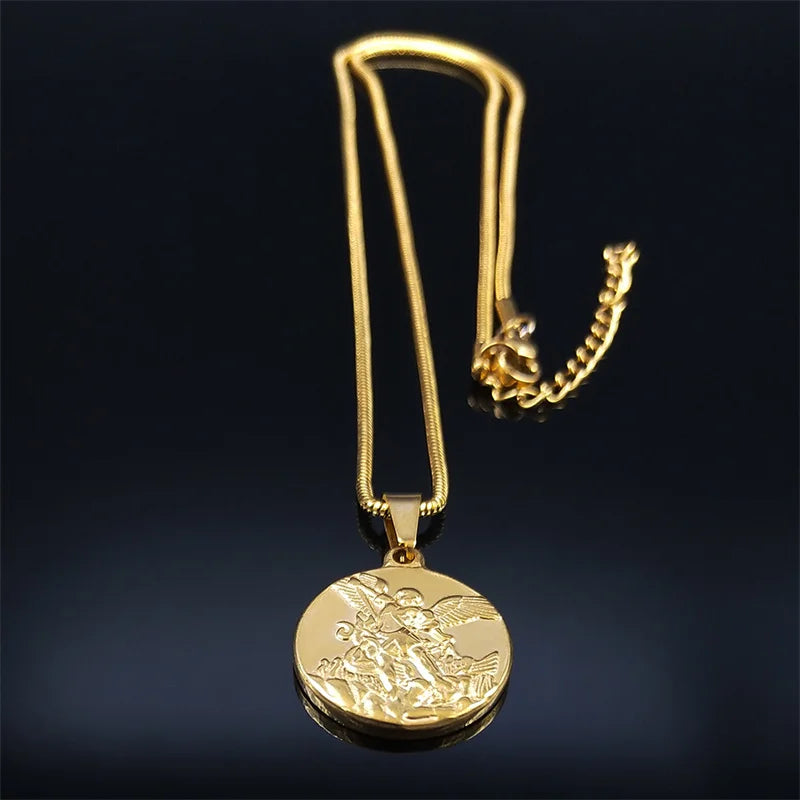 SAINT MICHAEL PROTECT US Archangel Stainless Steel Necklaces Chain Men/Women Gold Col alternate view