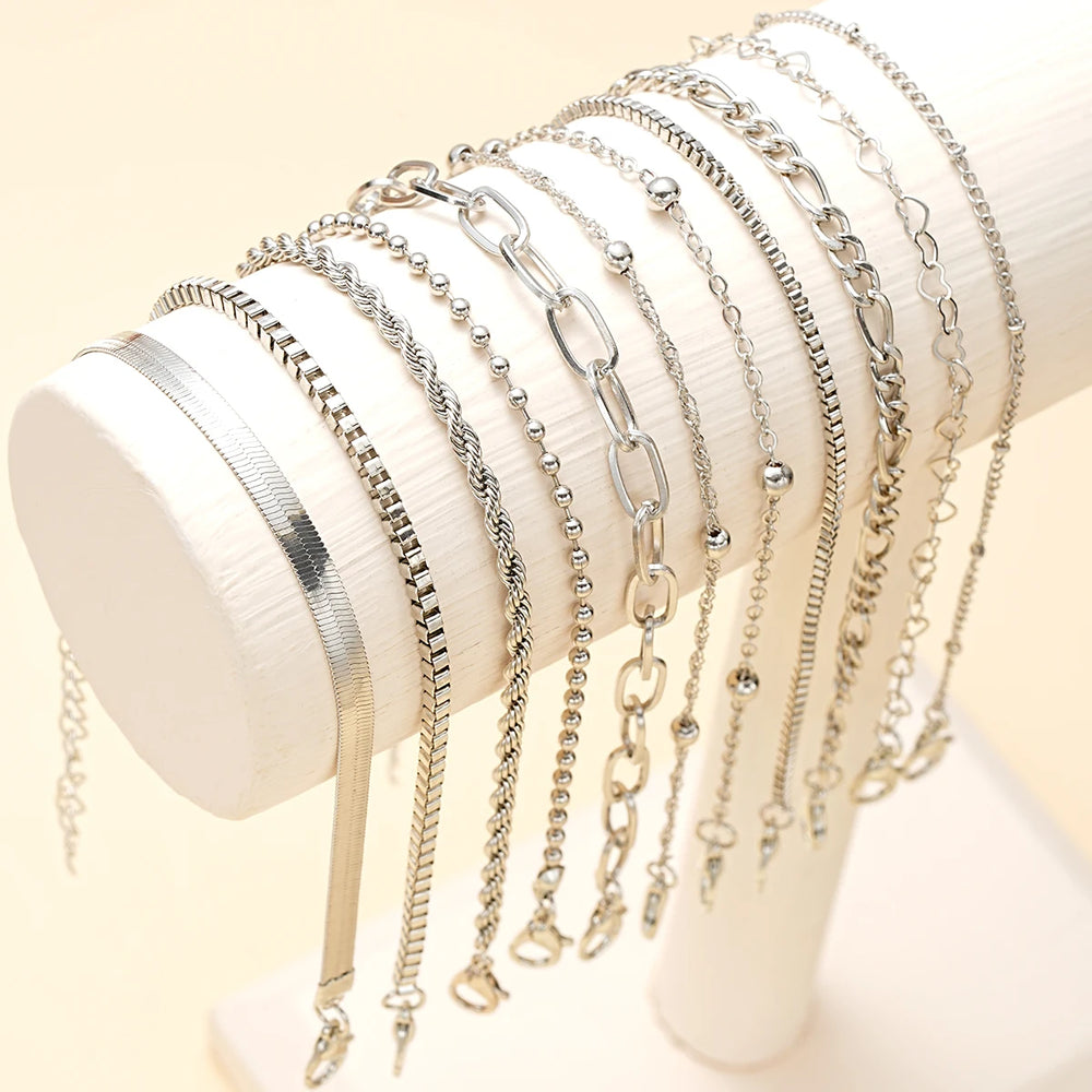 11Pcs/Set Boho Twisted Flat Snake Chain Anklet for Women Summer Beach Vintage Barefoot A detail view