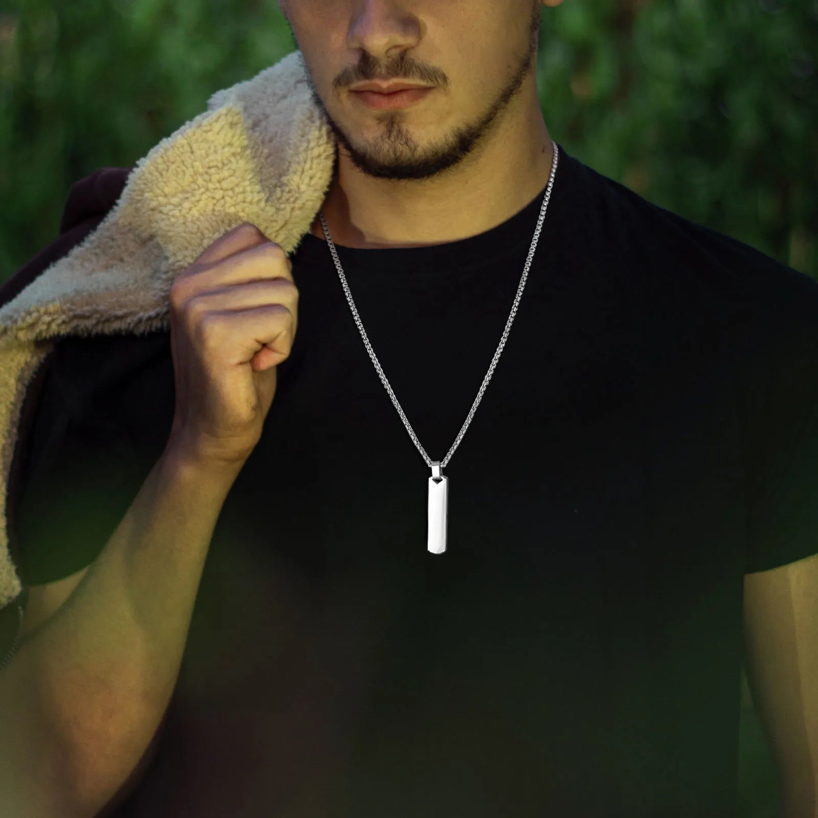 Initial Bar Necklace for Men | Thick Geometric Vertical Pendant with A-Z Letters detail view