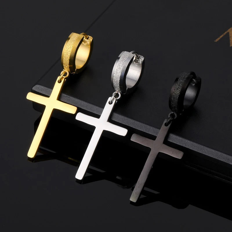 Stainless Steel Frosting Hoop Earrings | Punk Cross Dangle Earrings for Unisex alternate view