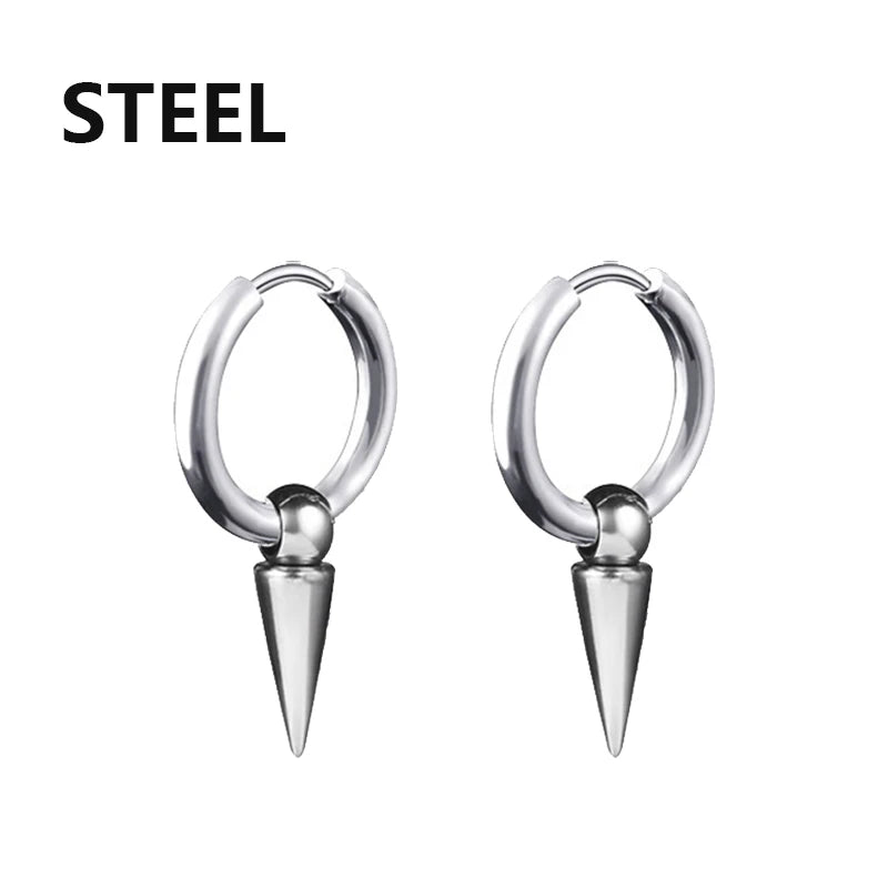 2PC Punk Men's Stainless Steel Hoop Earrings For Women Hip Hop Totem Earring For Men E close-up view