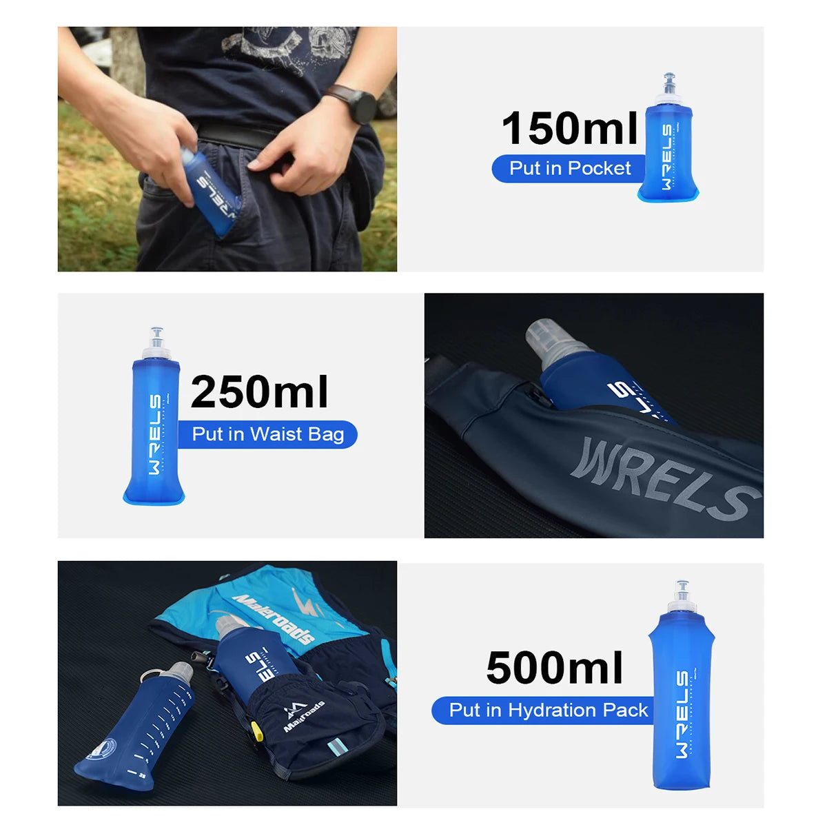 WRELS Camping Soft Water Bottle Drinking Sport Folding Bag Flask Outdoor Running Hydra close-up view