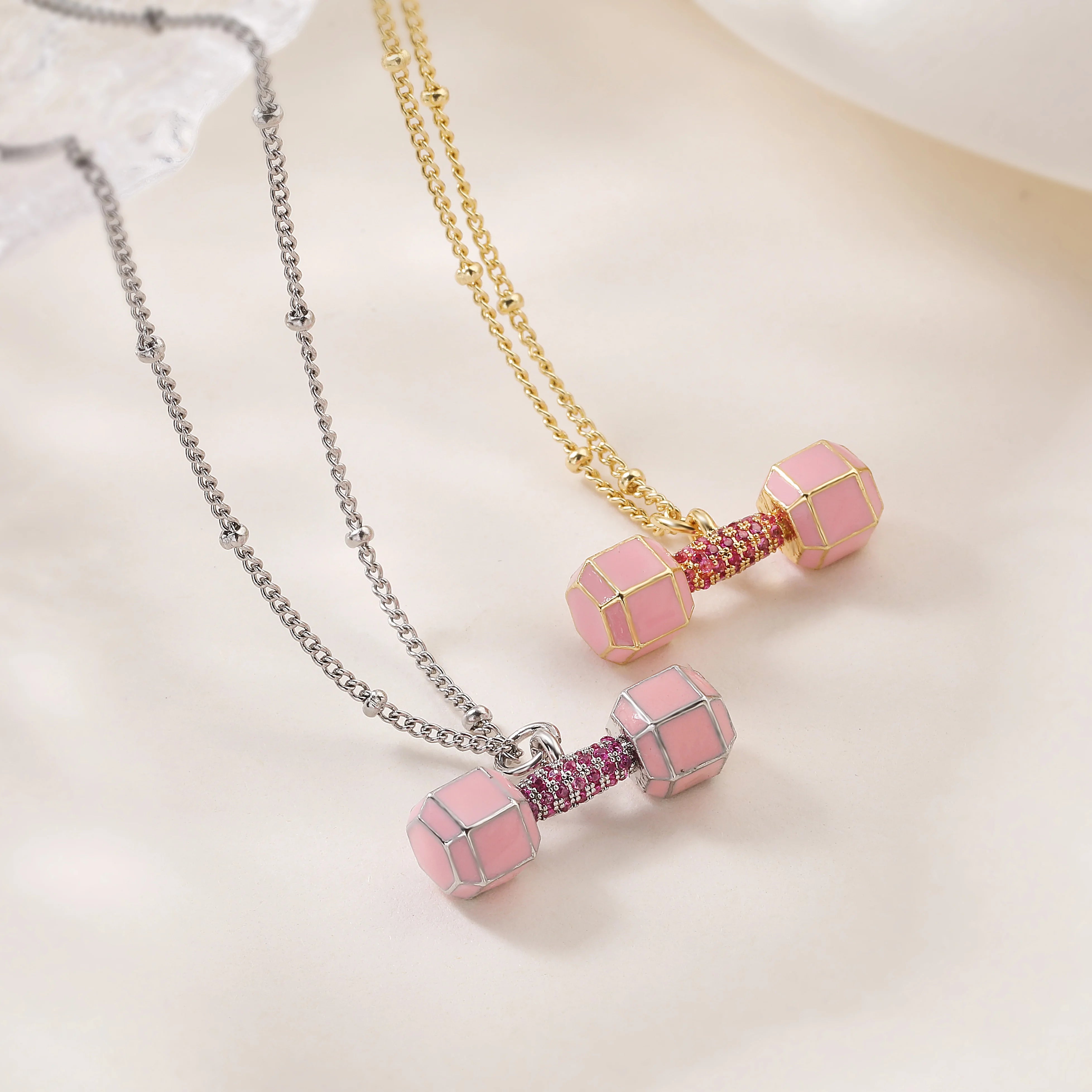 Small Dumbbell Pink Zirconia Charm Pendant Necklace Delicate Sweet Women's Jewelry Necklace, Enamele