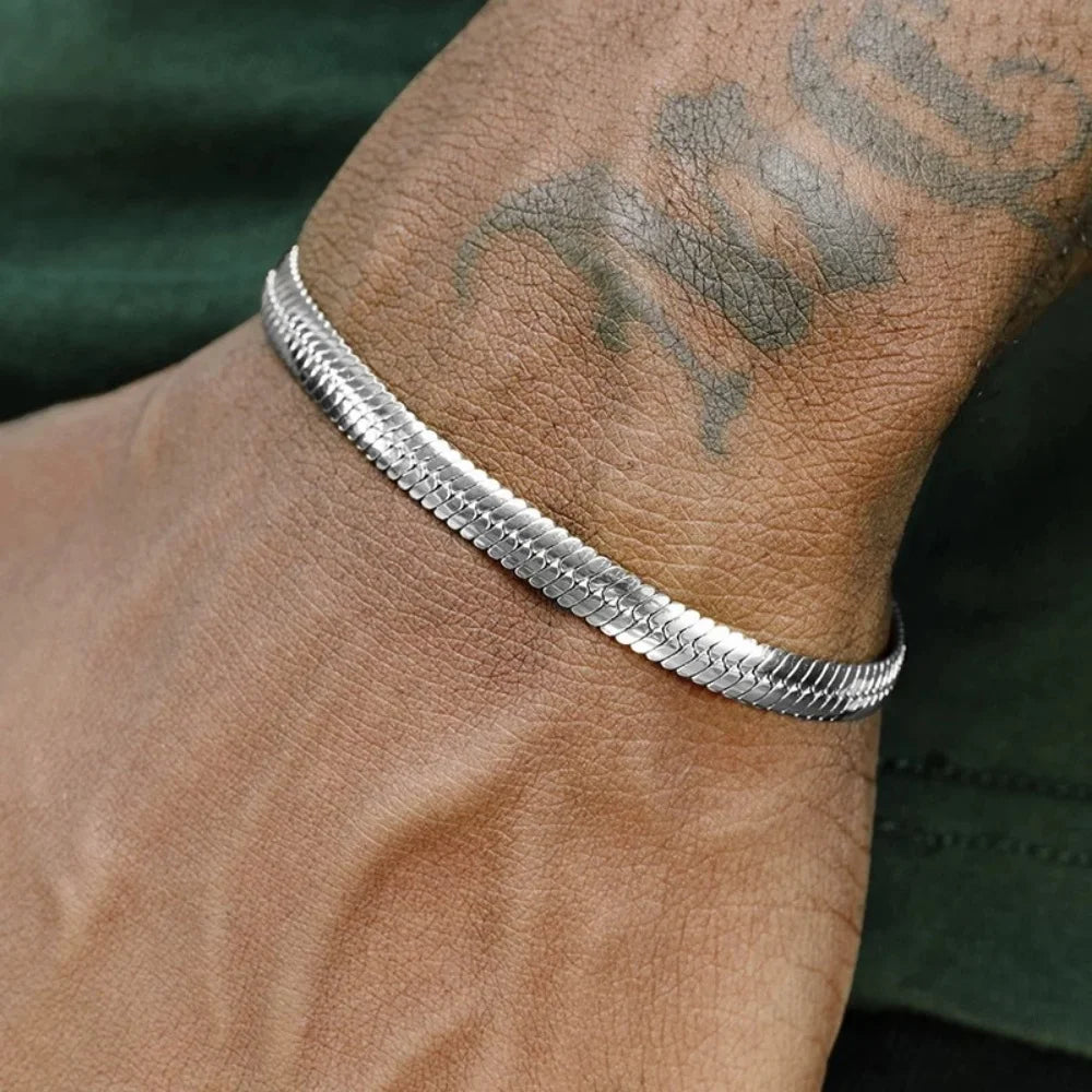 3mm Silver Color Stainless Steel Flat Chain Bracelet Simple Bracelet For Men Retro Jewelry Trendy Ac