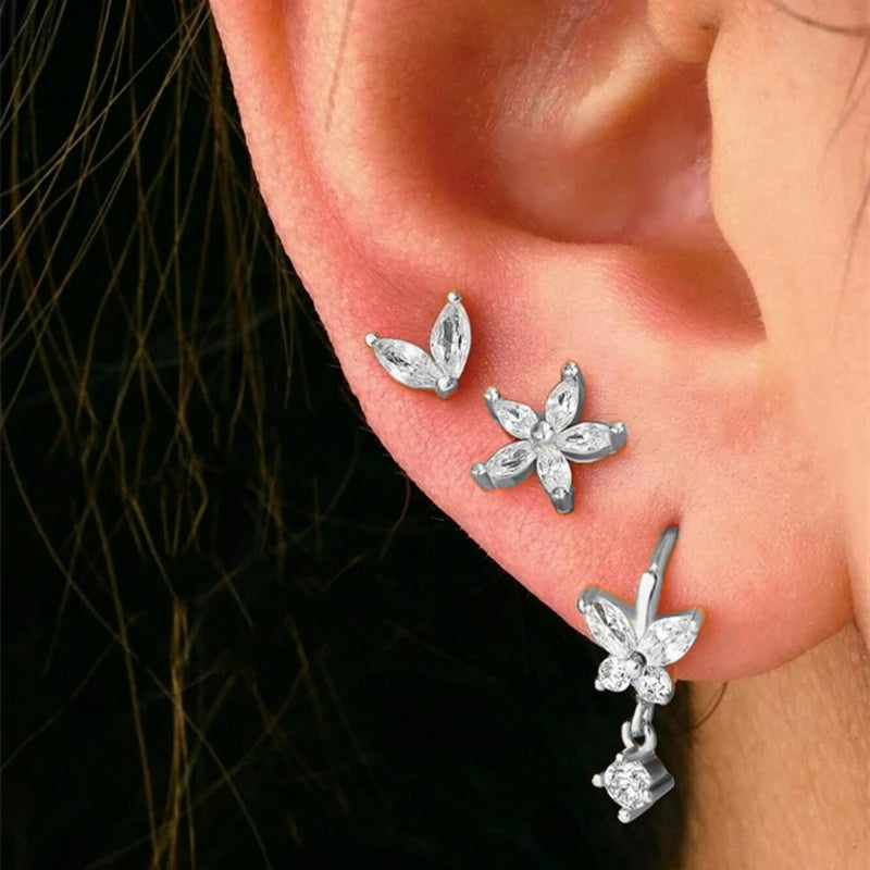 Gold Circle Hoop Earrings Set | Stainless Steel Zircon Flower Stud Jewelry alternate view