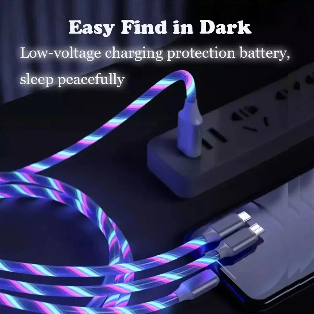 Glowing LED Light USB 3-in-1 cable Phone Fast Charging Charger Luminous close-up view