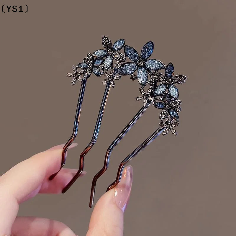 〔YS1〕Elegant Pearl Flower Hair Combs Pins French Retro Bun Hair Accessories Women Daily U-shaped Hairpin Female Alloy Hair Clasp