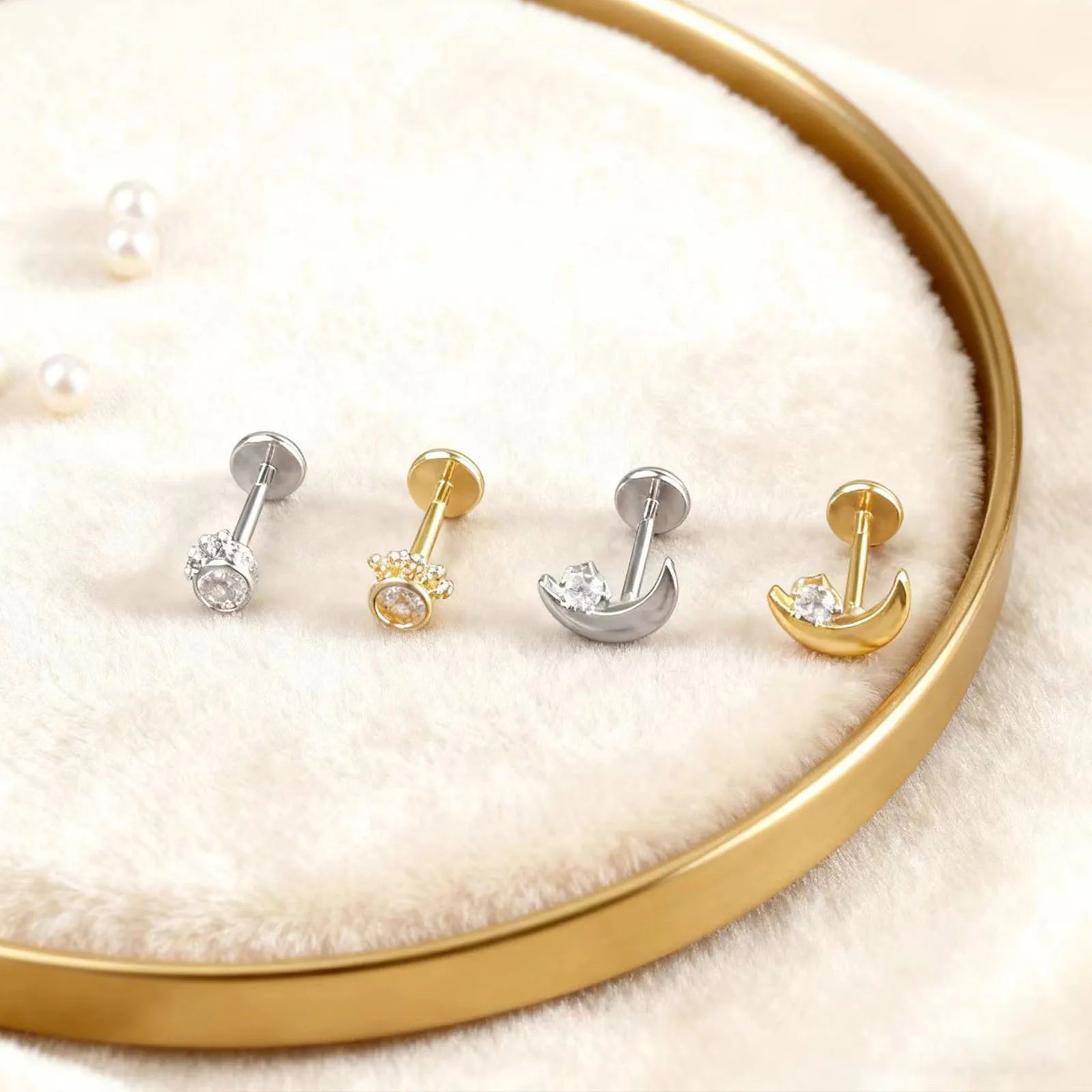 Stainless Steel Ear Studs - Micro Paved Zirconia Cartilage Earrings, Delicate Minim additional angle