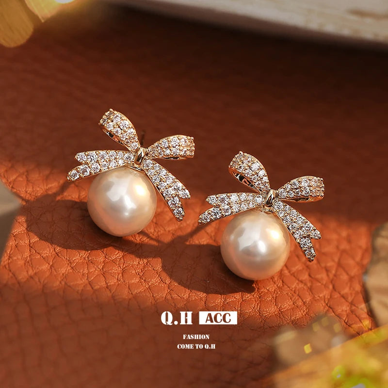 French Sweet Personality Pearl Simple And Small Design Sense Full Of Drill Bow Delicate All-matching Earwear Female