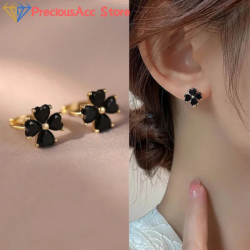 Fashion Black Mini Four-Leaf Flower Stud Earrings Women Jewelry Party Accessories Gif alternate view