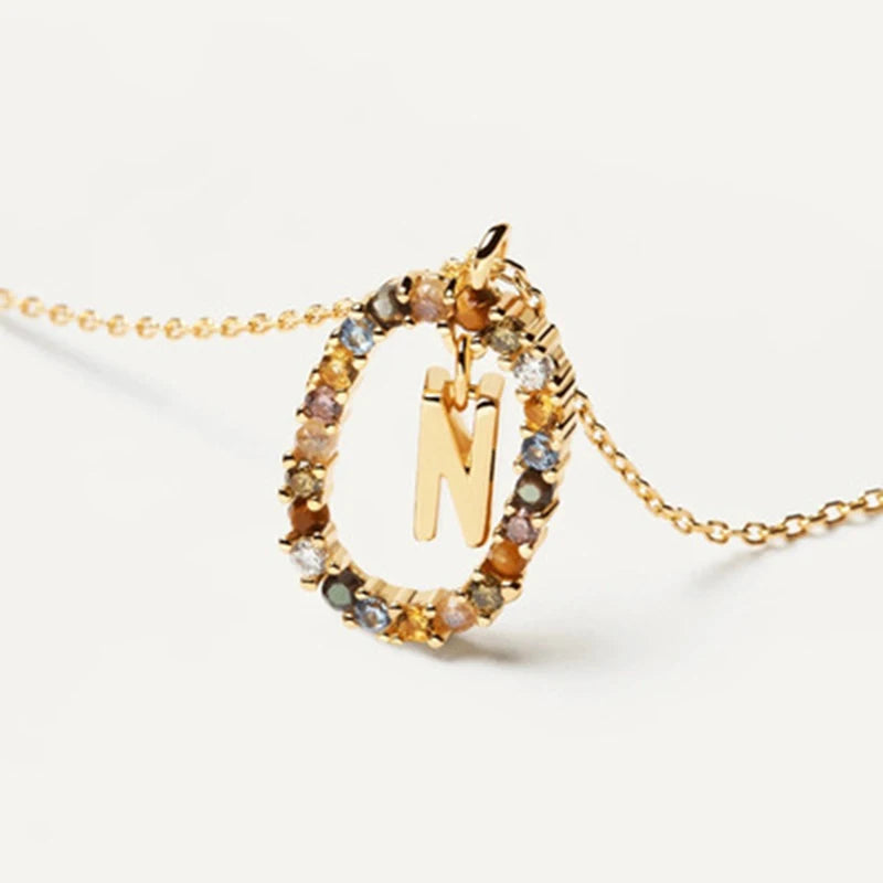 925 Sterling Silver Gold Initial Necklace | Personalized Letter Pendant with Zirconia detail view