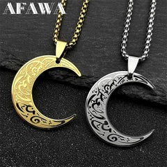 Crescent Moon Islamic Muslim Pendant Necklace | Stainless Steel Gold Color Arabic Quran Chain Amulet