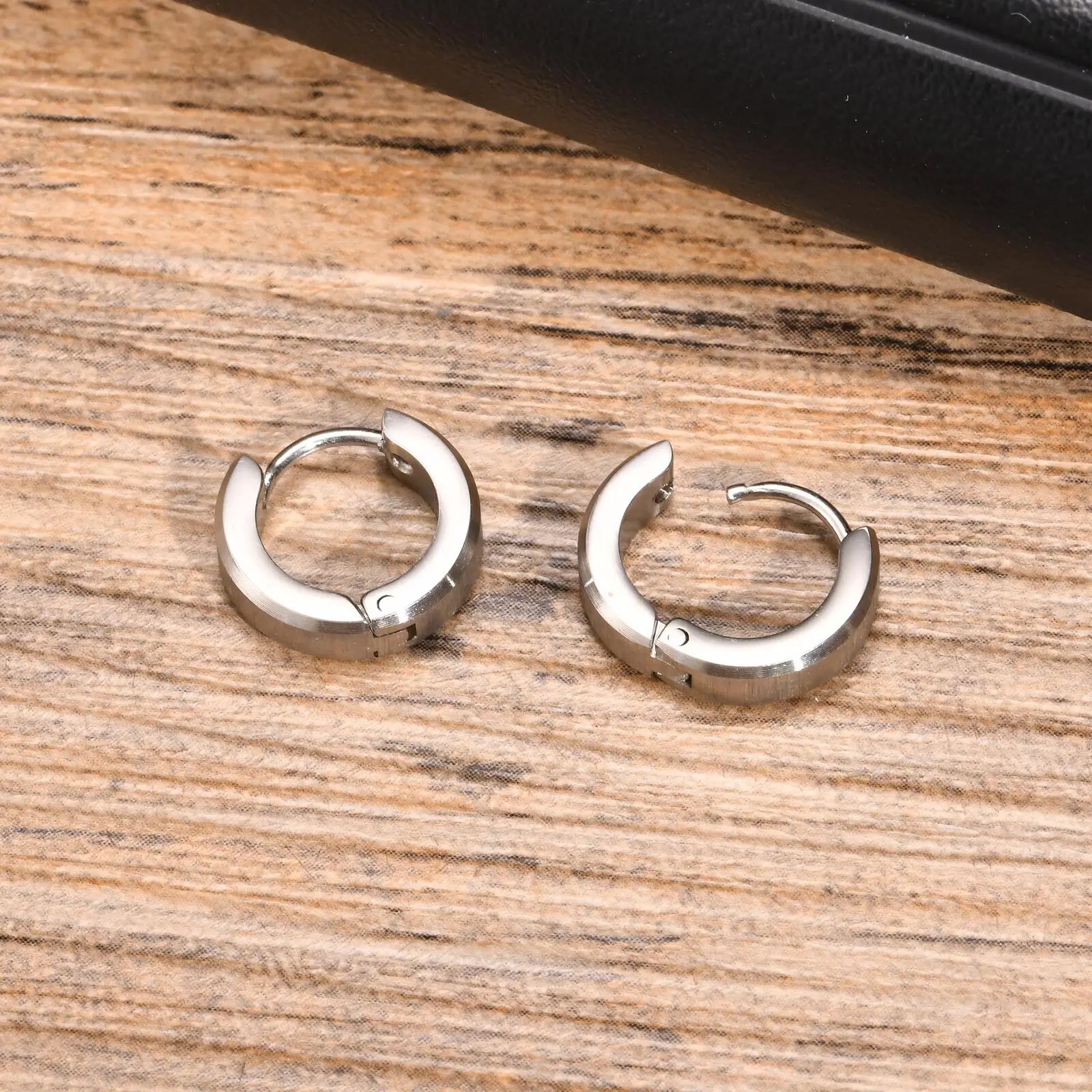 Stainless Steel Hoop Earrings for Men | Brushed Silver Small Hoops lifestyle view