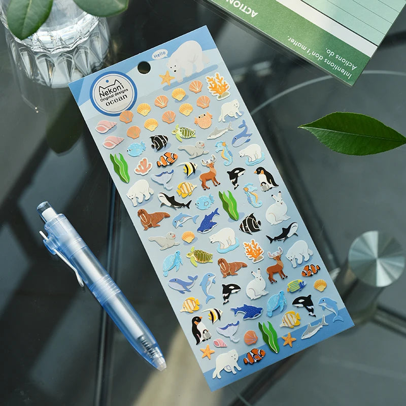NEKONI Animal Stickers for Scrapbooking | Cute Penguin Dinosaur DIY Journal Decor close-up view