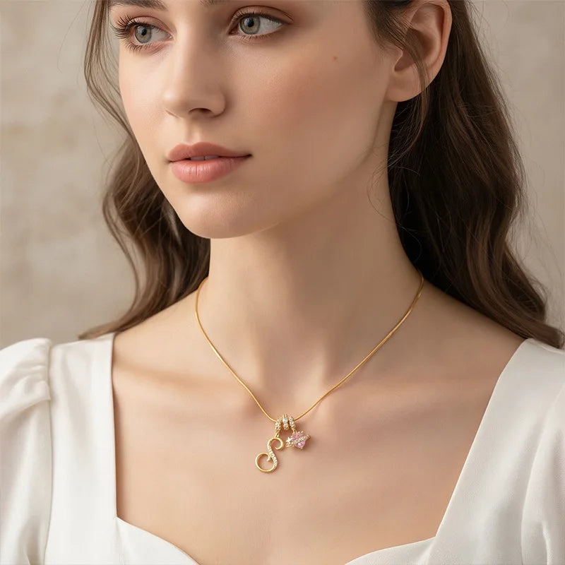 Fashion Letter Necklace for Women Pink Zircon Heart-shaped Pendant Suitable for Girls to detail view