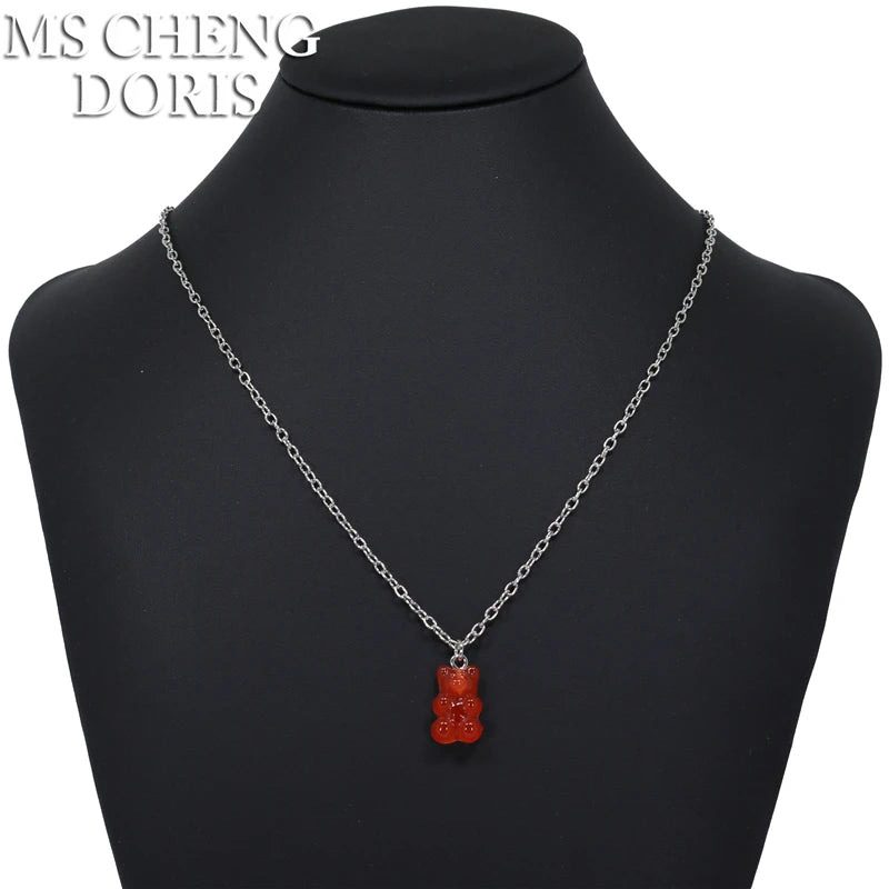 Handmade 33 Styles Colors Cute Resin Gummy Bear Chain Necklaces, Candy Color Pendant For detail view