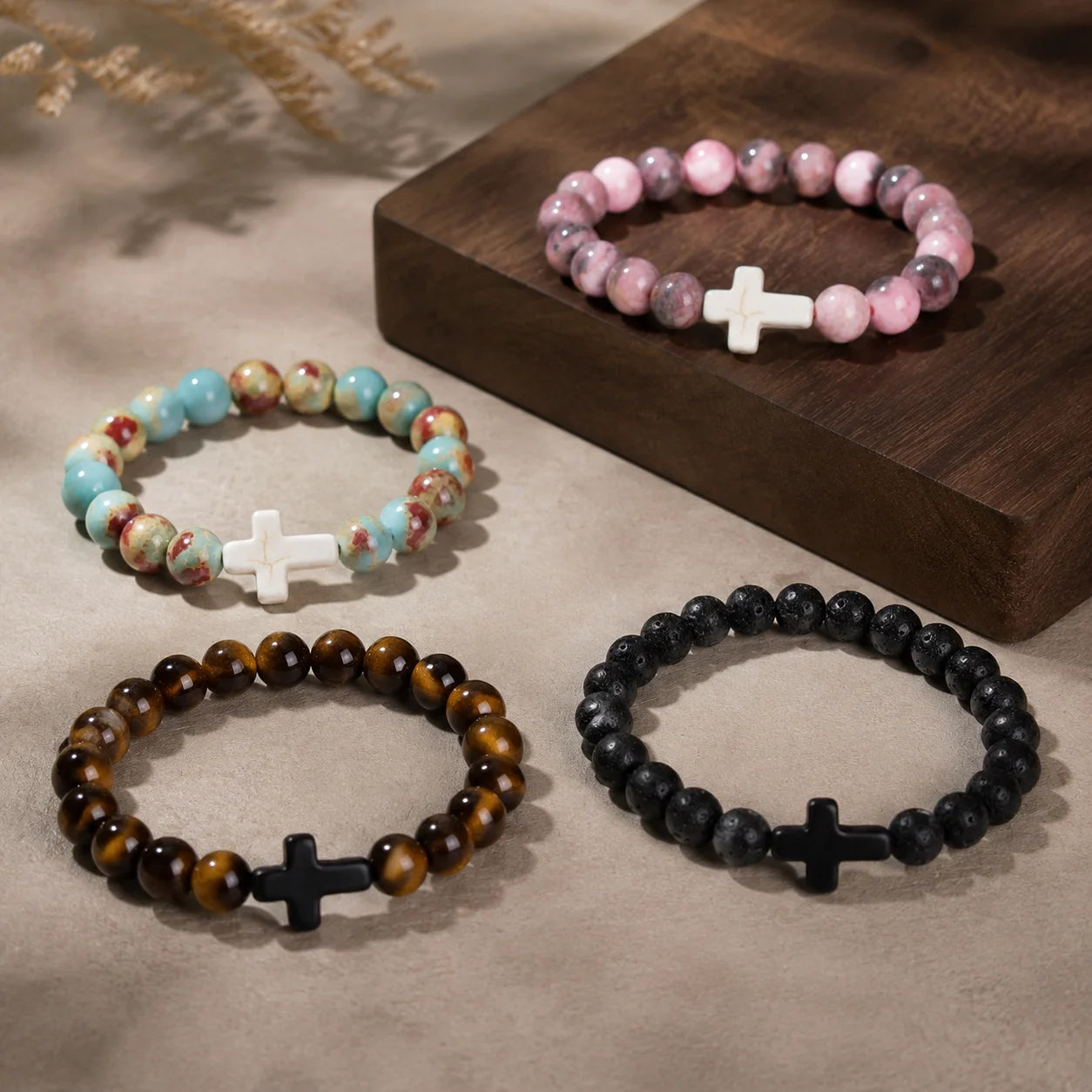 Prayer Men Natural Stone Wood Beads Rosary Hematite Cross Bracelets Onyx Meditation additional angle