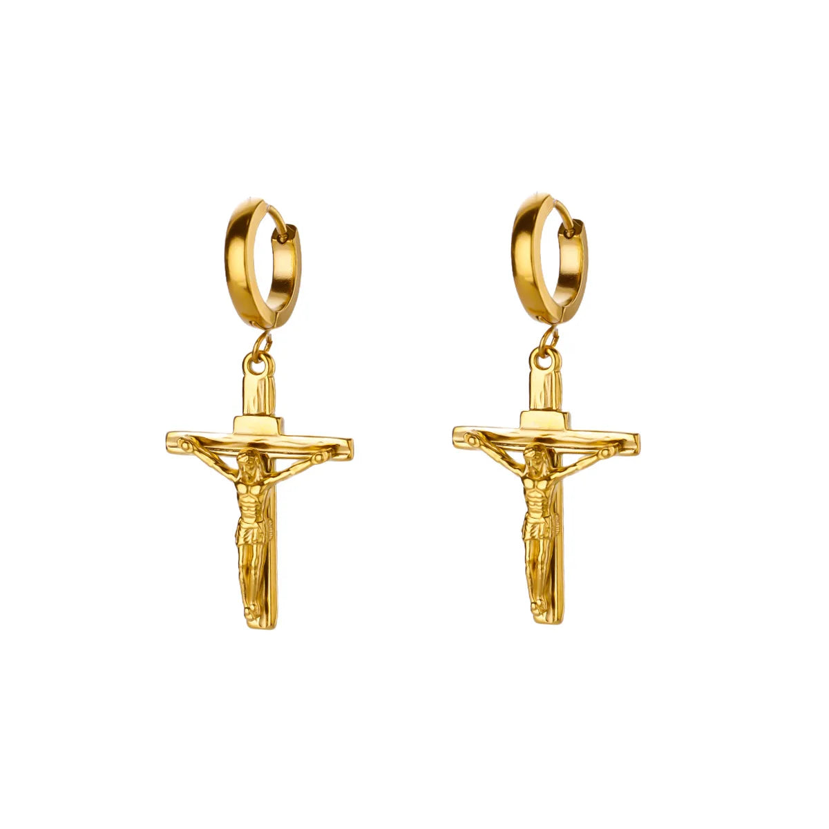 18K Gold Plated Portrait Coin Earrings | Stainless Steel Jesus Cross Dangle Huggie Ea lifestyle view