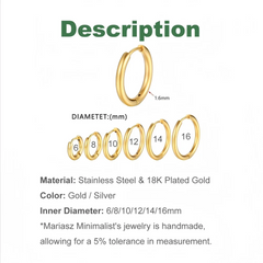 6/8/10/12/14/16mm Stainless Steel Huggie Hoop Earrings For Women Stackable Gold Color alternate view