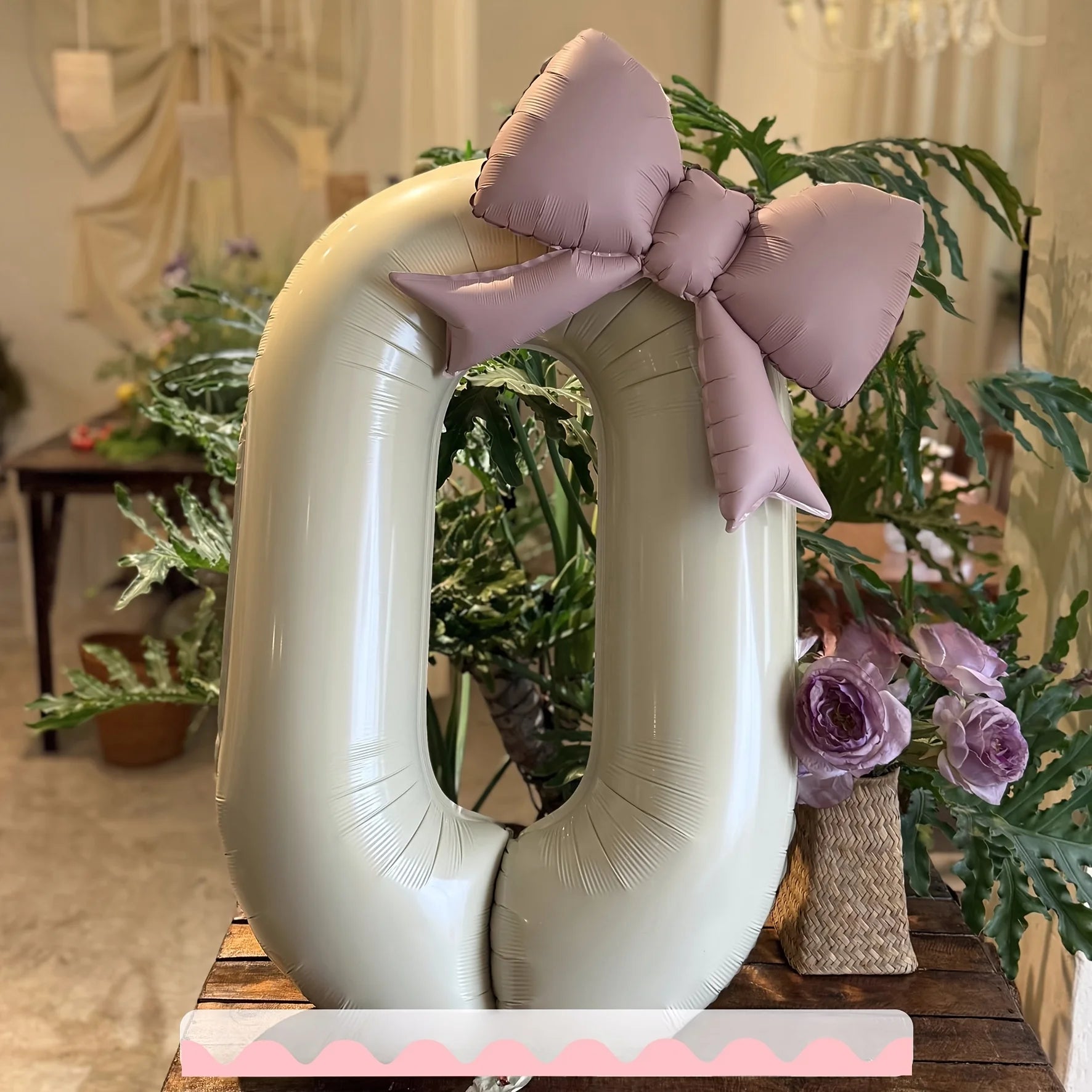 2 Pcs 32 Inch Cream Digital Balloon Set with Pink Bow | Aluminum Foil Party Decor additional angle