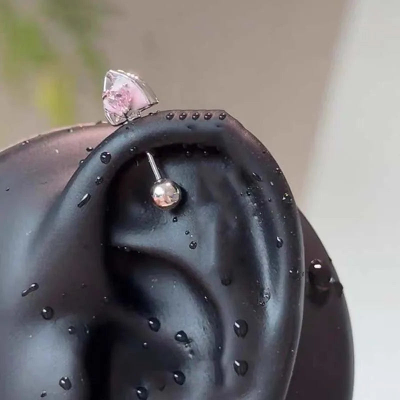Stainless Steel Pink Zircon Ear Bone Nail for Women Sweet Cute Metal Geometric Person lifestyle view