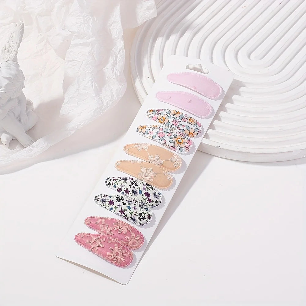10Pcs/Lot Fresh Print Cotton Alloy Hair Clips for Kids Fabric Plaid BB Hairpins Girl H close-up view