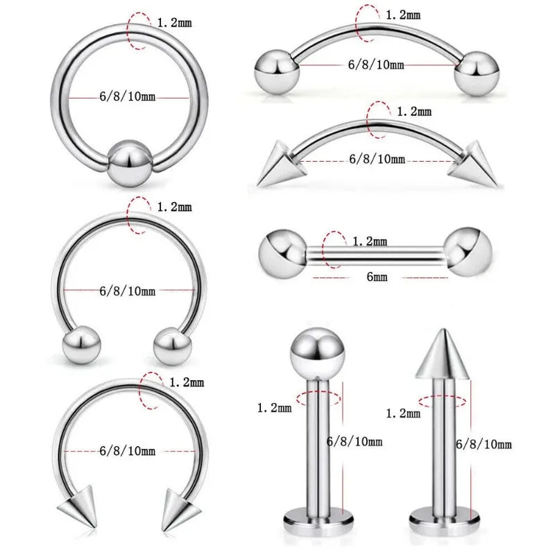 8Pcs Stainless Steel Eyebrow Rings, Lip Ring Nose Hoop Tongue Ring Septum Nose Pierci alternate view