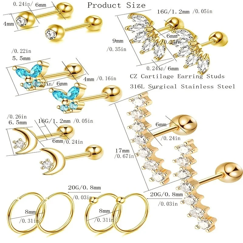 1/7Pairs Stainless Steel Unisex Cartilage Stud Earrings,Inlay Cubic Zirconia Hypoallerge detail view