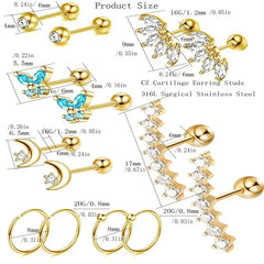 1/7Pairs Stainless Steel Unisex Cartilage Stud Earrings,Inlay Cubic Zirconia Hypoallerge detail view