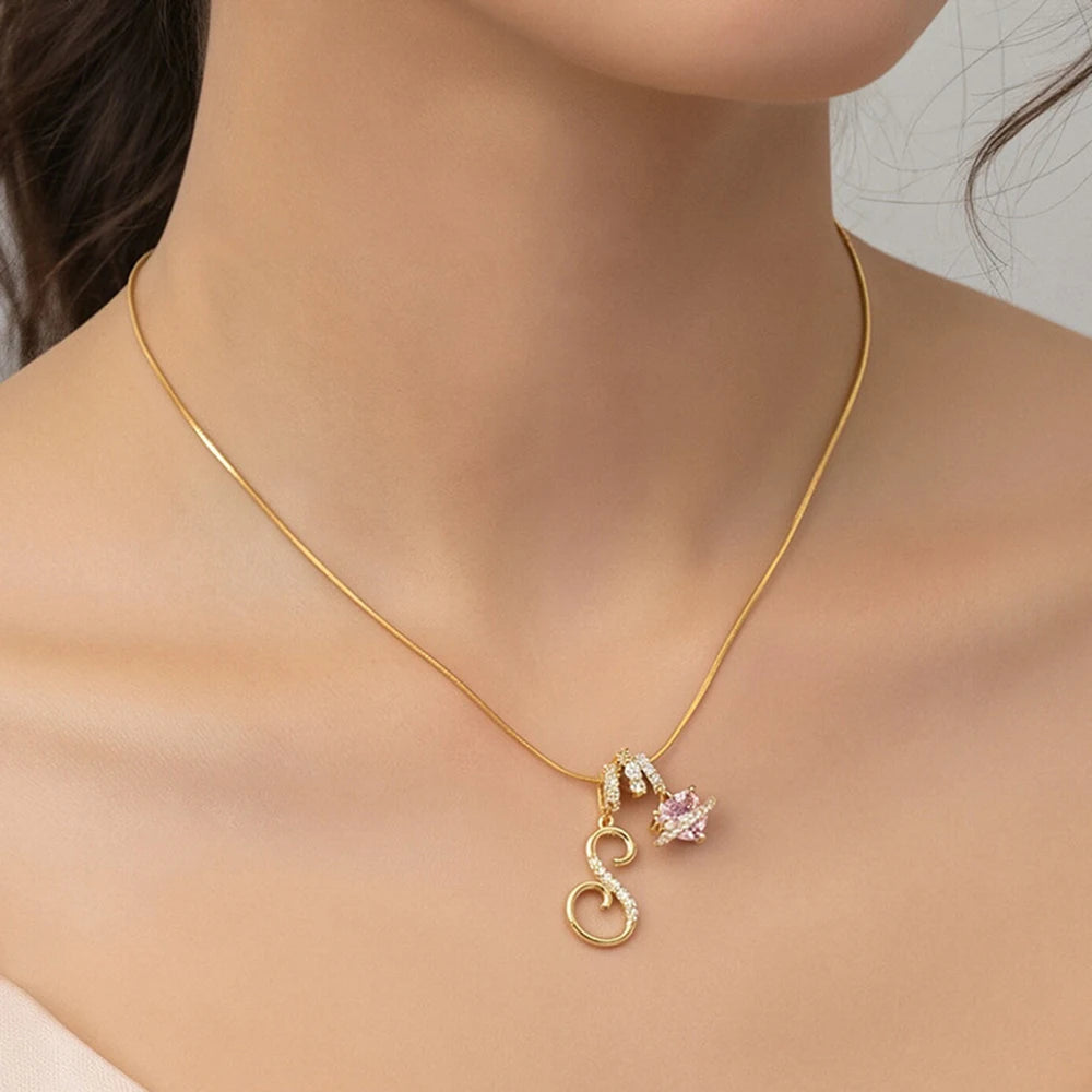 Fashion Letter Necklace for Women Pink Zircon Heart-shaped Pendant Suitable for Girls alternate view