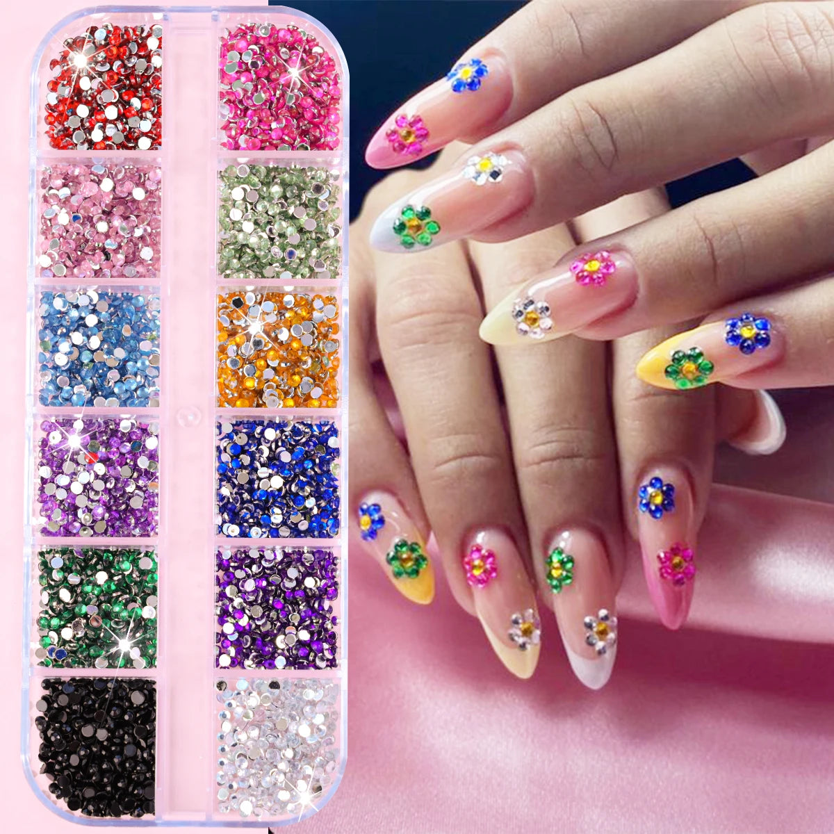 12Grids Pink Mixed Nail Rhinestones Luxury Nail Charms Glitter Crystal Jewelry Gems Na close-up view