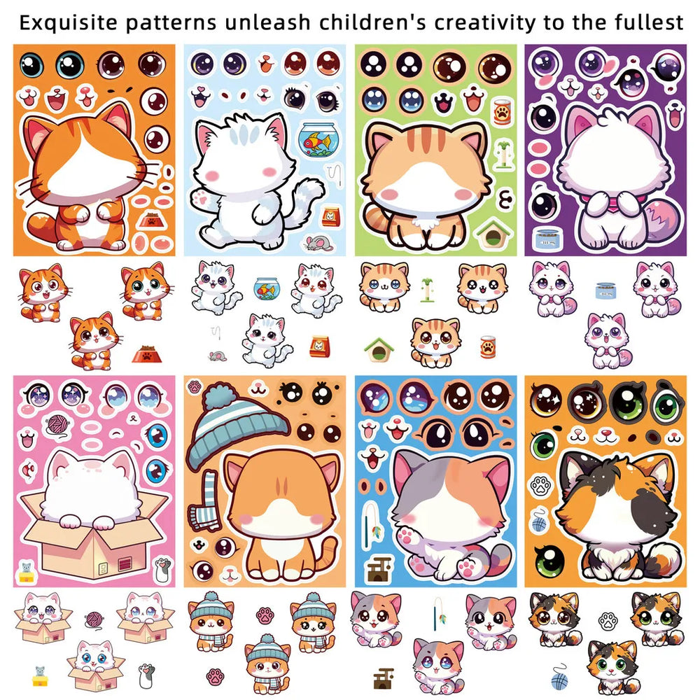 8 Pcs Cute Kitten Dress-Up Stickers | Cartoon Puzzle Toy and Waterproof Decals for Kids detail view