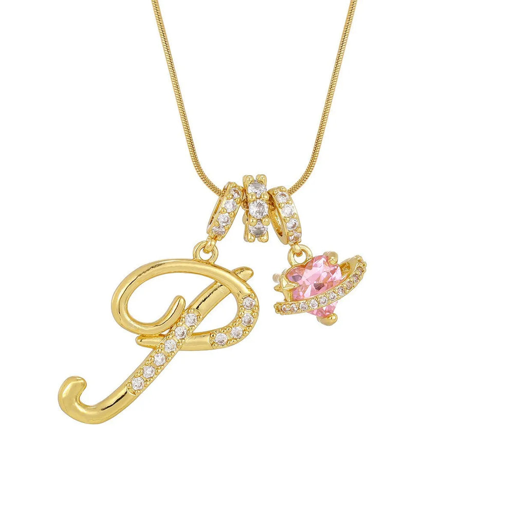 Fashion Letter Necklace for Women Pink Zircon Heart-shaped Pendant Suitable for Girls to detail view