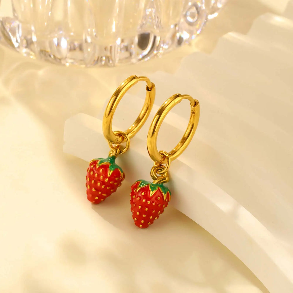 Women's Sweet Strawberry Drop Earrings,Gold Plated Stainless Steel Hoop Earrings for Girls,Cute Wate