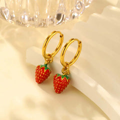 Women's Sweet Strawberry Drop Earrings,Gold Plated Stainless Steel Hoop Earrings for Girls,Cute Wate