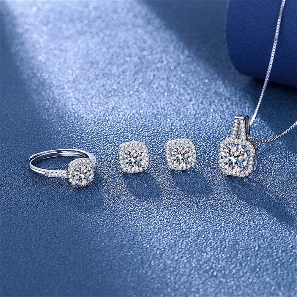 3pcs Set Necklaces Earrings Stud Ring CZ Stone Jewelry Set Silver Color Classic Women Ev detail view